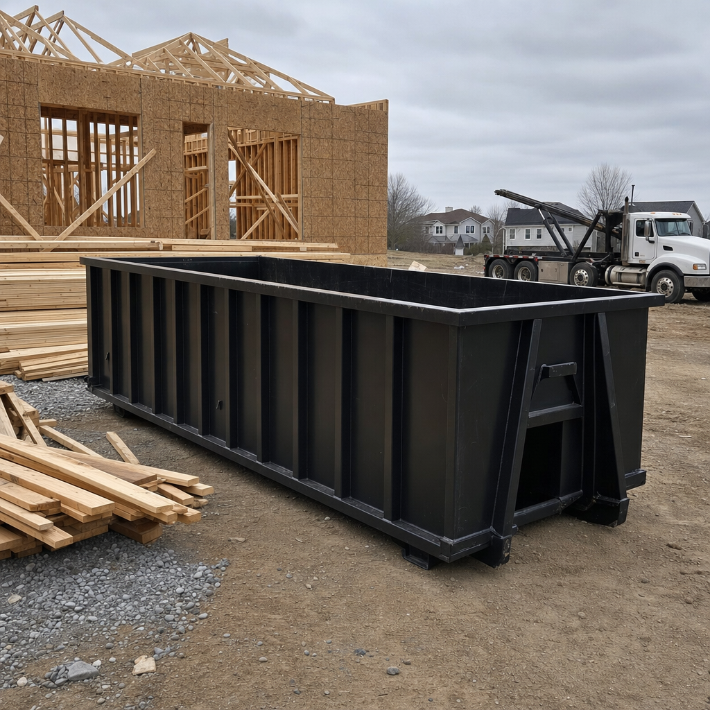 Matte-black 40-yard roll-off dumpster staged on a framed-out residential construction site in Centennial, framing lumber stacked nearby, hooklift delivery truck visible in the background under bright Colorado daylight