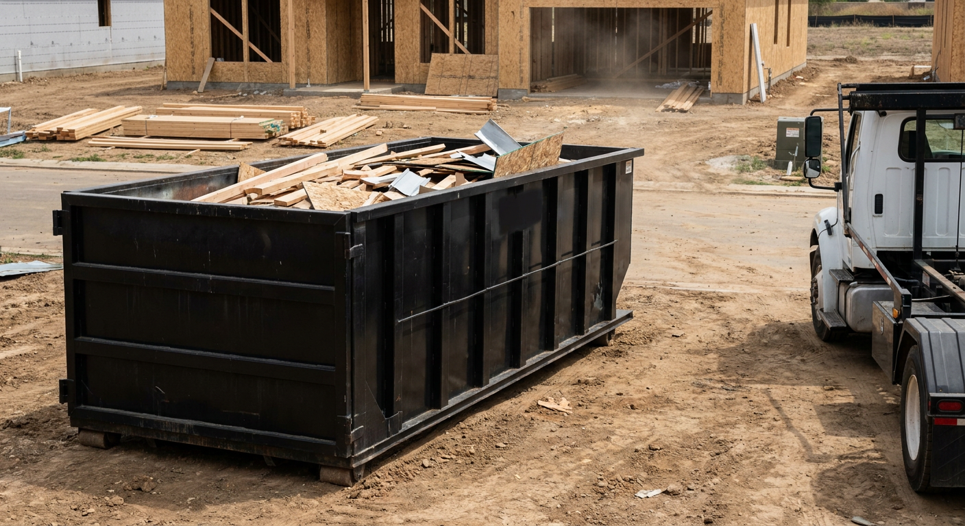 Matte-black 20-yard roll-off construction dumpster with heavy ribbed steel sidewalls and swing rear doors at a working jobsite in Centennial, sitting directly on compacted dirt with an unmarked white hauler partially visible at the far edge of the frame.