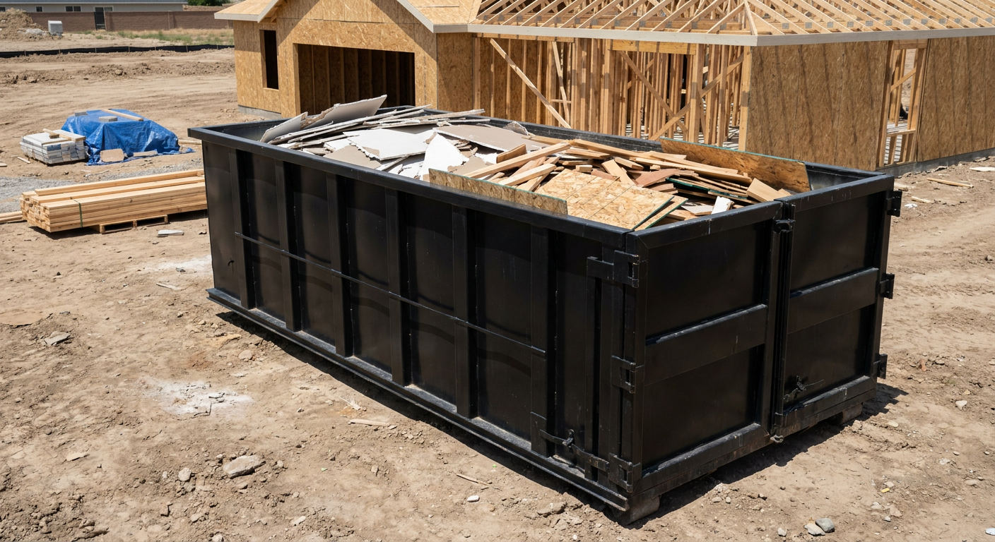 Matte-black 30-yard roll-off construction dumpster sitting directly on the compacted-dirt site of a framed single-family home build in Centennial, drywall and lumber scrap loaded inside.