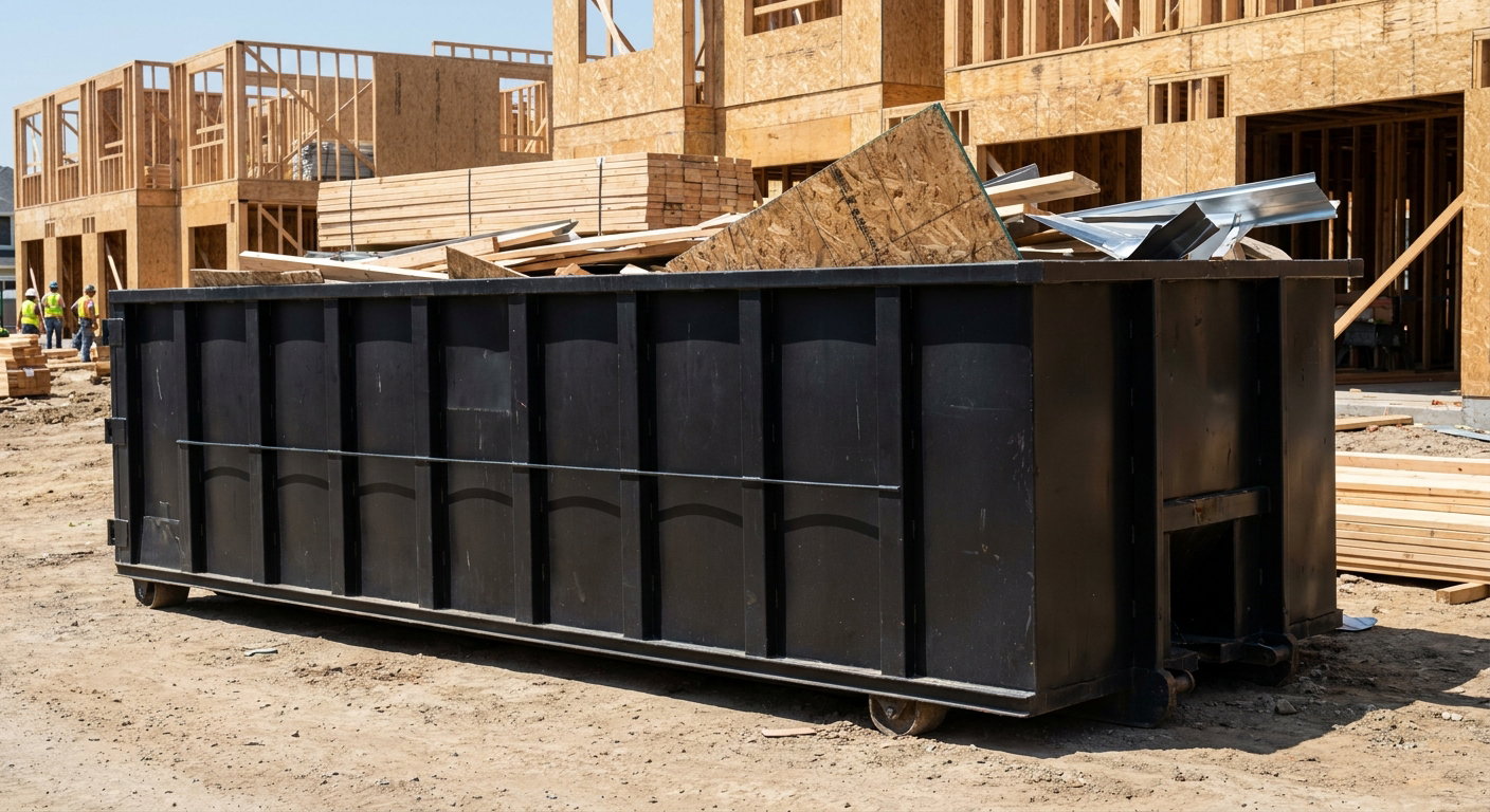 Matte-black 40-yard roll-off construction dumpster being lowered from a white-cab hooklift delivery truck onto the compacted-dirt jobsite at a commercial build site in Centennial