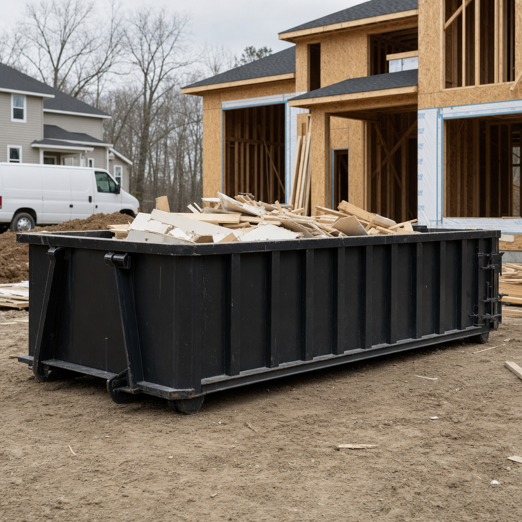 Worker in a yellow high-visibility vest tossing framing lumber and broken drywall into a matte-black 30-yard construction roll-off dumpster on an active build site in Centennial, bright daylight