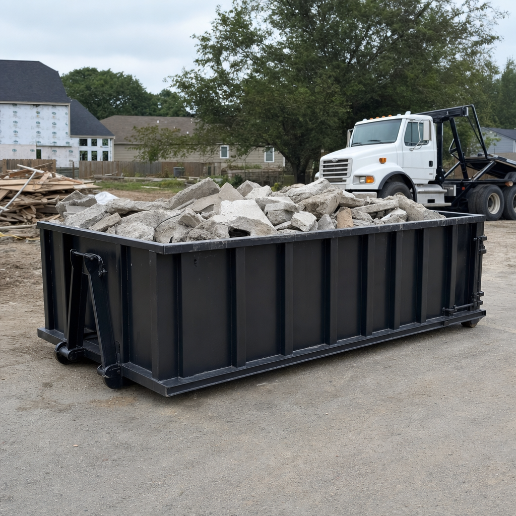 Low-profile matte-black lowboy roll-off dumpster loaded with broken concrete slab and rebar at a foundation tear-out in Centennial, skid steer parked beside it, sunny Colorado morning