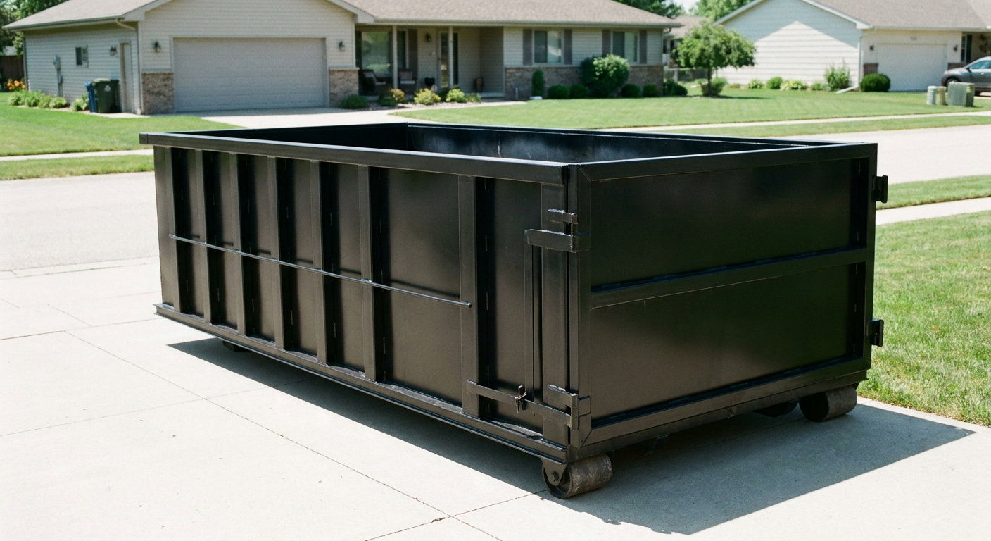 Matte-black 10-yard roll-off dumpster on a residential concrete driveway in Centennial, uniformly painted matte black across every panel and rail, ribbed steel sidewalls and rear swing door visible, mid-day daylight.