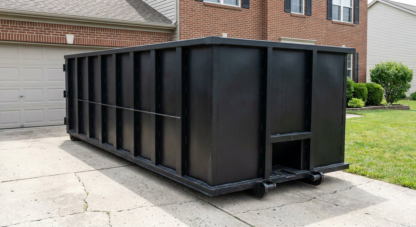 Matte-black 20-yard roll-off container on a Centennial residential concrete driveway with reinforced ribbed steel sidewalls and a hinged rear walk-in door, clean bright daylight.