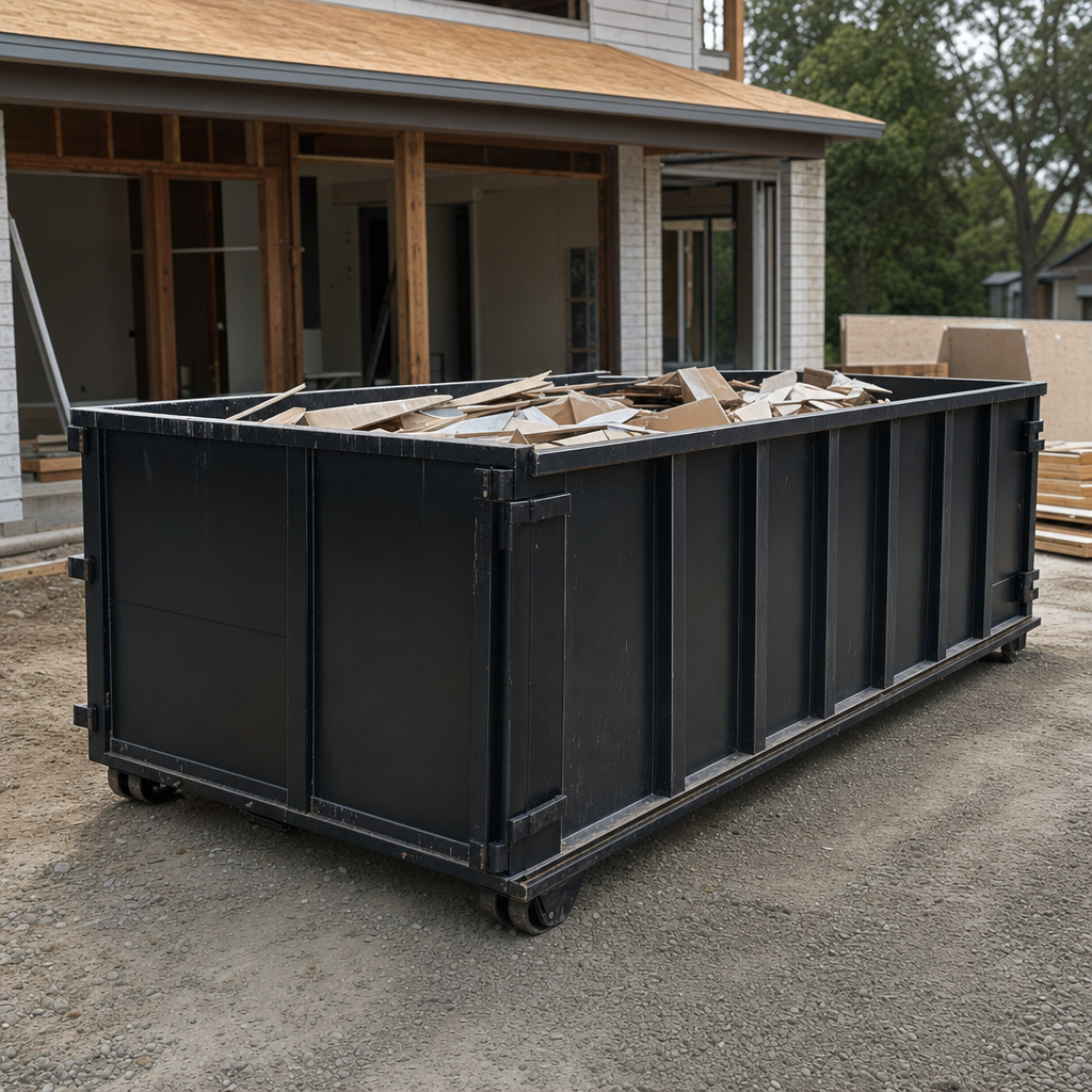 Large matte-black 30-yard construction roll-off dumpster at an active Centennial jobsite, steel-gray top rails and bottom rollers visible, loaded with construction debris.