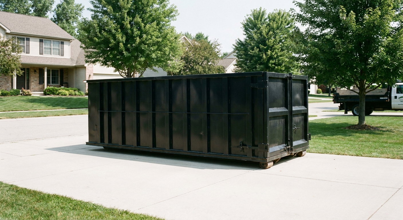 Matte-black 20-yard roll-off dumpster sitting level on a clean Centennial residential concrete driveway under bright daylight, demonstrating clean placement directly on the concrete.