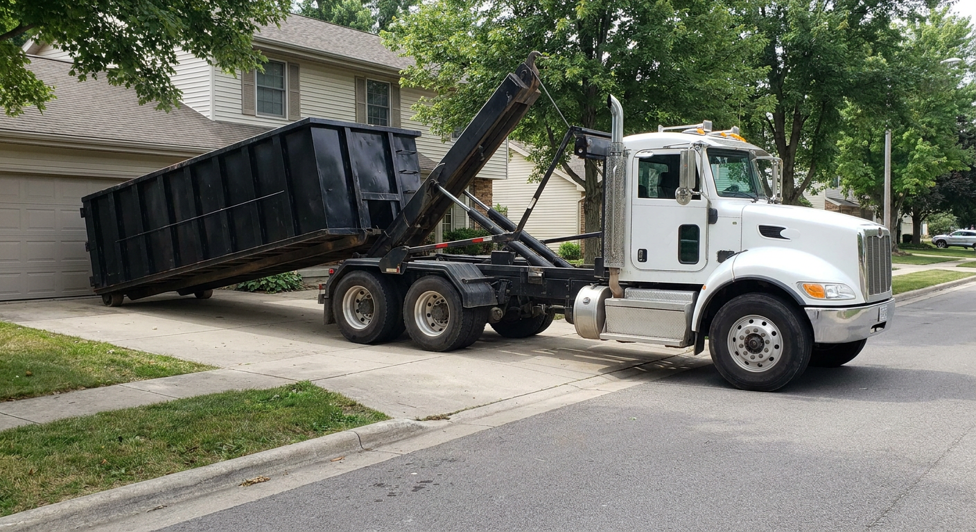 White-cab hooklift roll-off truck actively lowering a matte-black dumpster onto a Centennial residential concrete driveway, the dumpster's rear wheels touching the driveway as the hoist arm tilts the bed forward, mid-morning daylight.