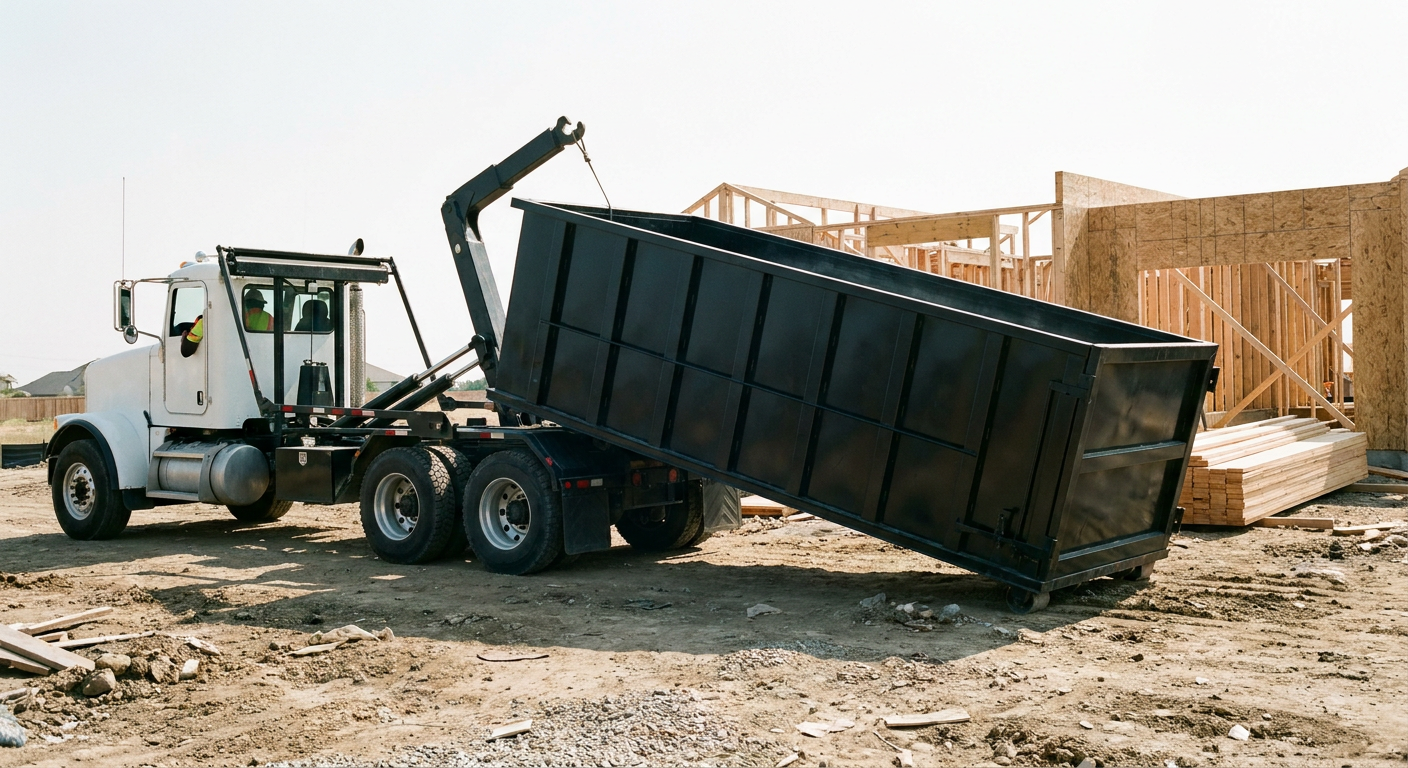 Matte-black roll-off dumpster being delivered onto a clean residential concrete driveway in Centennial by an unmarked white hooklift hauler truck, bright morning daylight, documentary 35mm perspective.