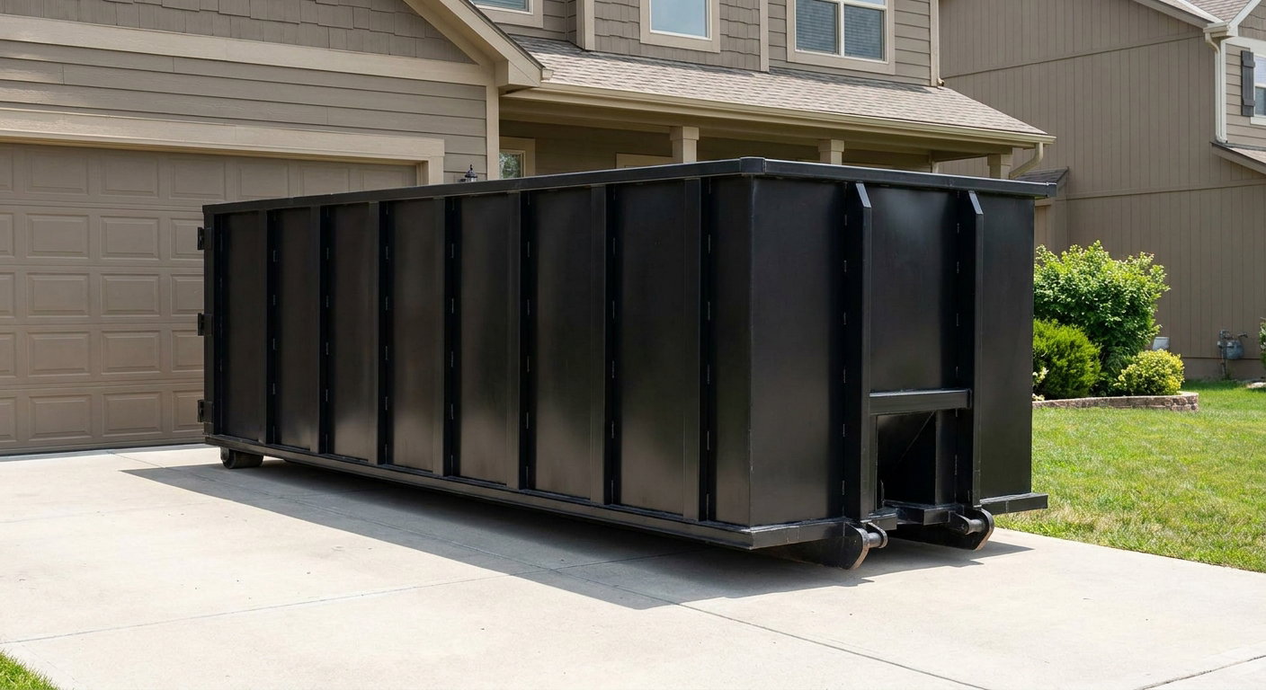 Matte-black residential roll-off dumpster sitting directly on a suburban Centennial concrete driveway, garage door closed, single-family home in background, bright morning daylight.
