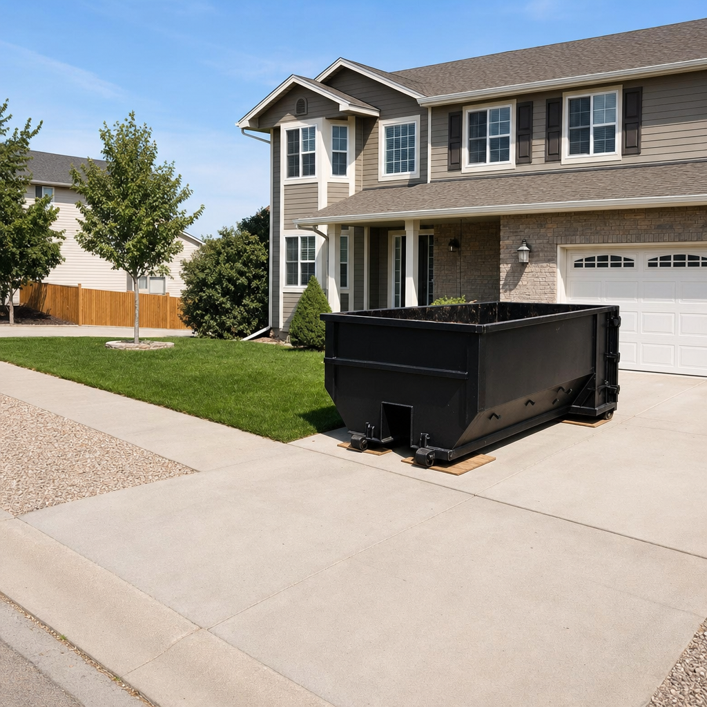 10-yard matte-black residential dumpster placed directly on a narrow Centennial concrete driveway, room remains for a parked sedan beside it, mid-morning natural light