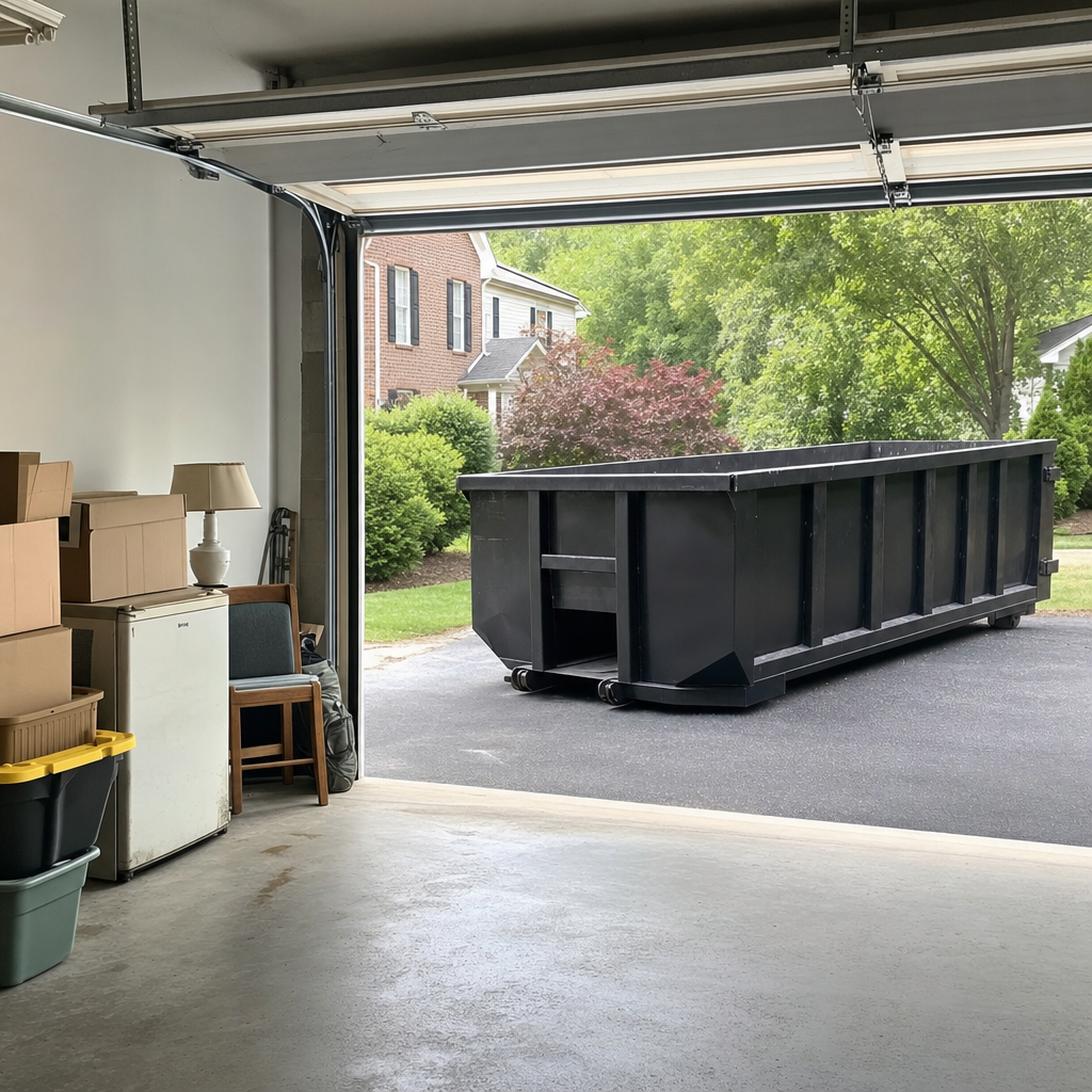 Open garage interior in a Centennial home mid-cleanout — boxed items, an old appliance, and stacked yard tools queued near the driveway for a matte-black roll-off dumpster, organized and calm