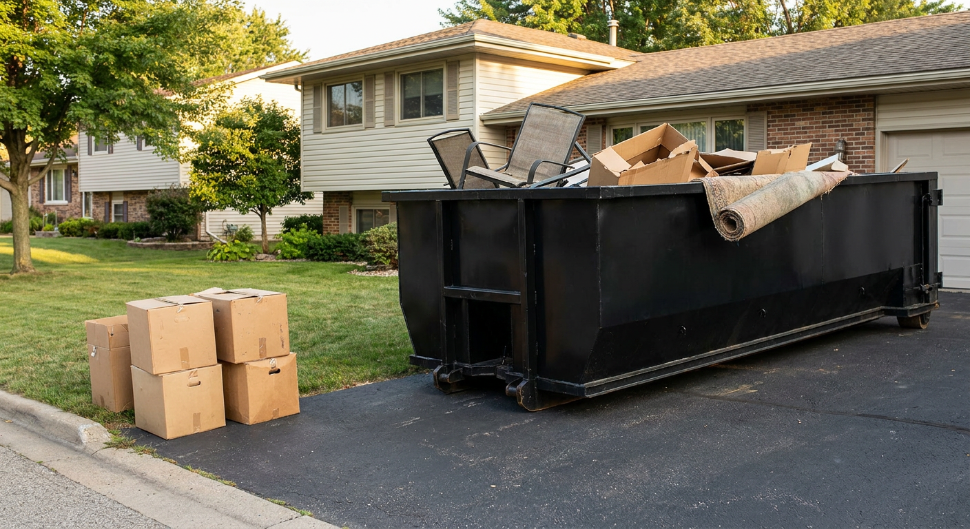 Front-yard view of a Centennial split-level home with a 20-yard matte-black roll-off dumpster sitting directly on the asphalt driveway, a few clearly labeled donation boxes staged at the curb, calm sunny afternoon.