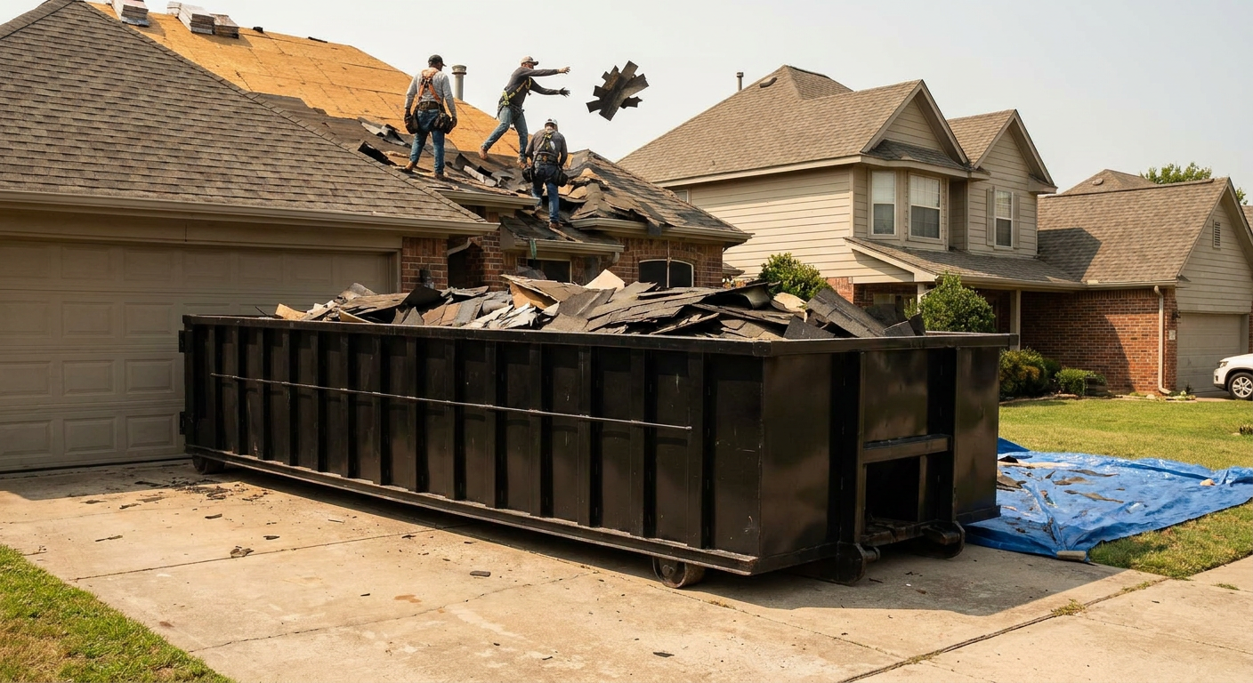 Matte-black roofing roll-off dumpster placed directly on a Centennial residential concrete driveway, a tear-off crew on a two-story asphalt-shingle roof tossing shingle bundles into the low-walled container, bright daylight, documentary 35mm perspective.