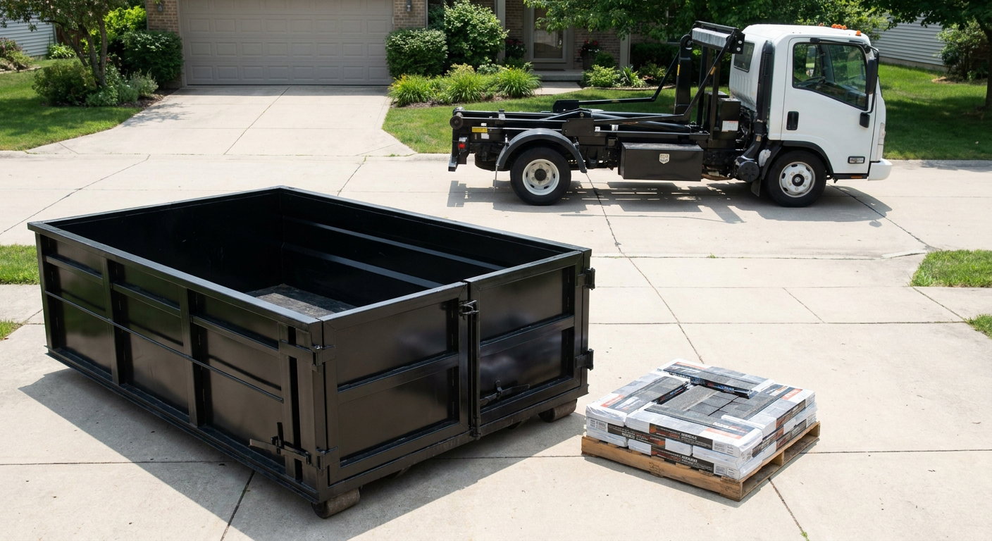 Matte-black 15-yard roofing roll-off dumpster with reinforced low side walls sitting directly on a Centennial residential concrete driveway, three-tab asphalt shingle bundles stacked nearby, an unmarked white hauler truck partially visible at the edge of the frame.
