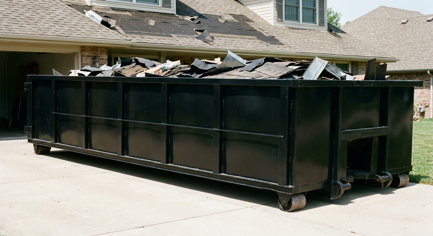 Matte-black 20-yard roofing roll-off dumpster with steel ribbed sides and swinging rear door, sitting directly on the concrete driveway of a two-story Centennial home, asphalt shingle debris being loaded over the low wall, clean documentary lighting.