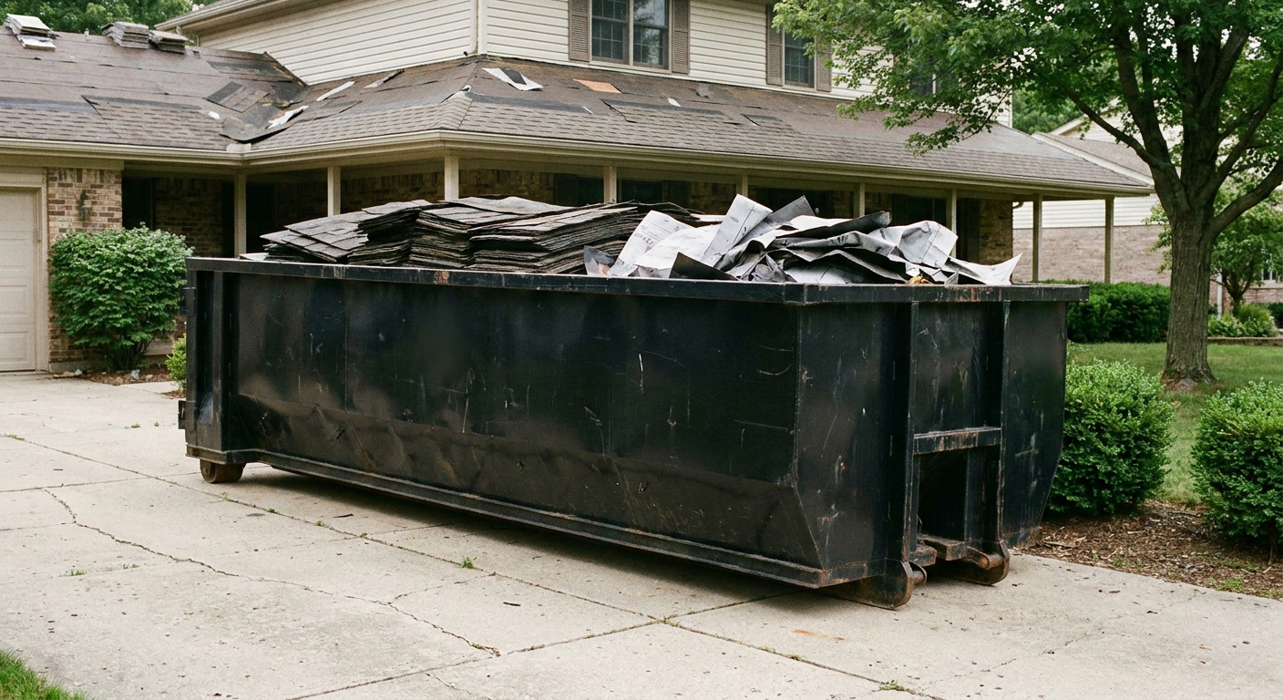 Matte-black 30-yard roofing roll-off dumpster sitting directly on a Centennial concrete driveway, taller ribbed steel side panels, mixed tear-off debris of asphalt shingles and underlayment inside, professional documentary daylight.