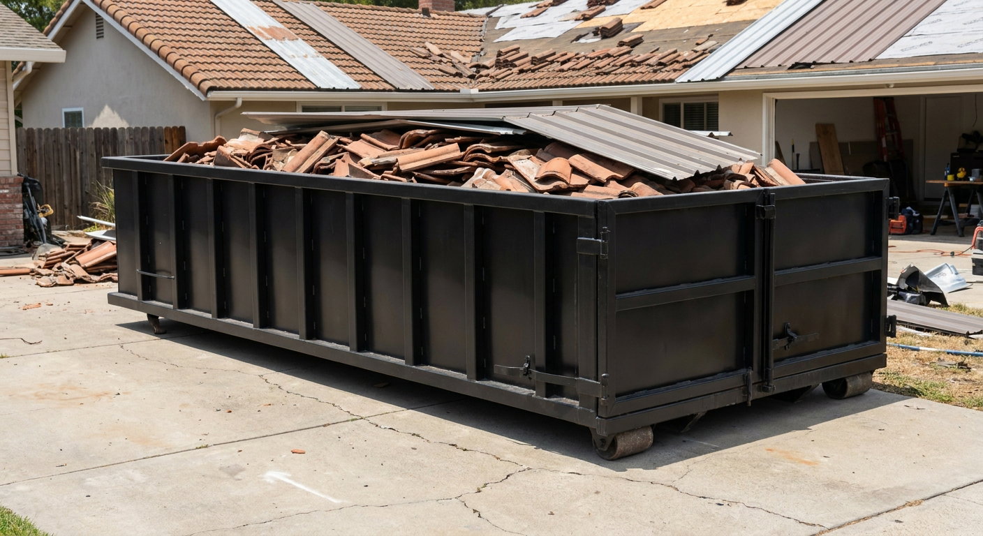 Matte-black low-wall heavy-debris roofing roll-off dumpster sitting directly on a Centennial concrete driveway, broken concrete clay roof tiles and metal panel sections loaded inside, reinforced ribbed steel side walls visible, bright outdoor daylight.