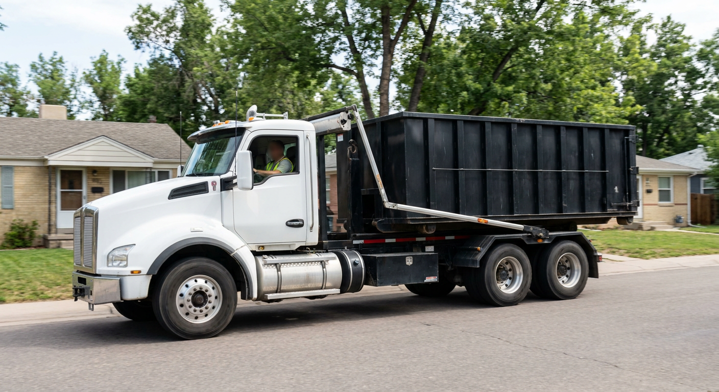A wide documentary shot of a matte-black roll-off delivery truck pulling onto a quiet Centennial residential street at mid-morning, with neighborhood rooftops and tree-lined blocks visible behind, showing the metro coverage footprint.