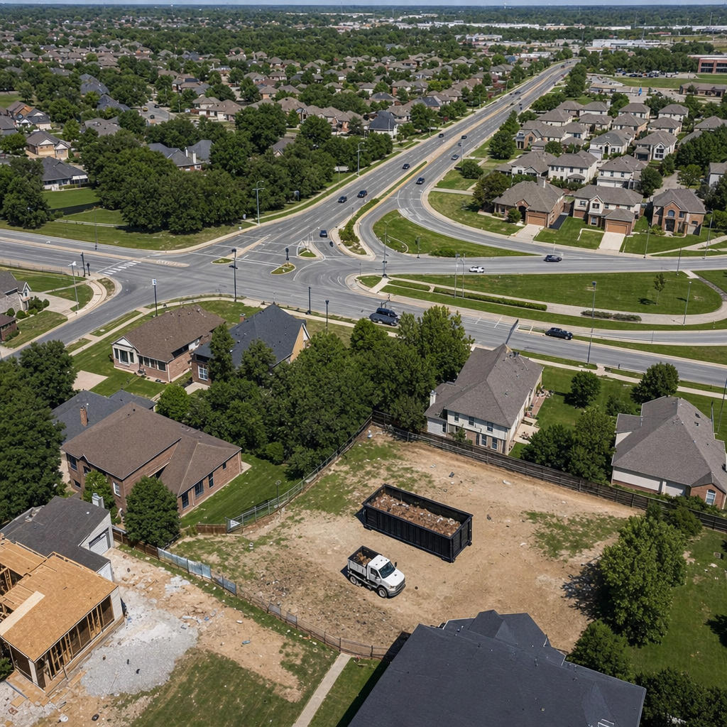 An overhead documentary view of the Centennial metro area at midday, showing the spread of neighborhoods, arterial roads, and the dispatch radius from a central yard — clean daylight, organized geographic layout.