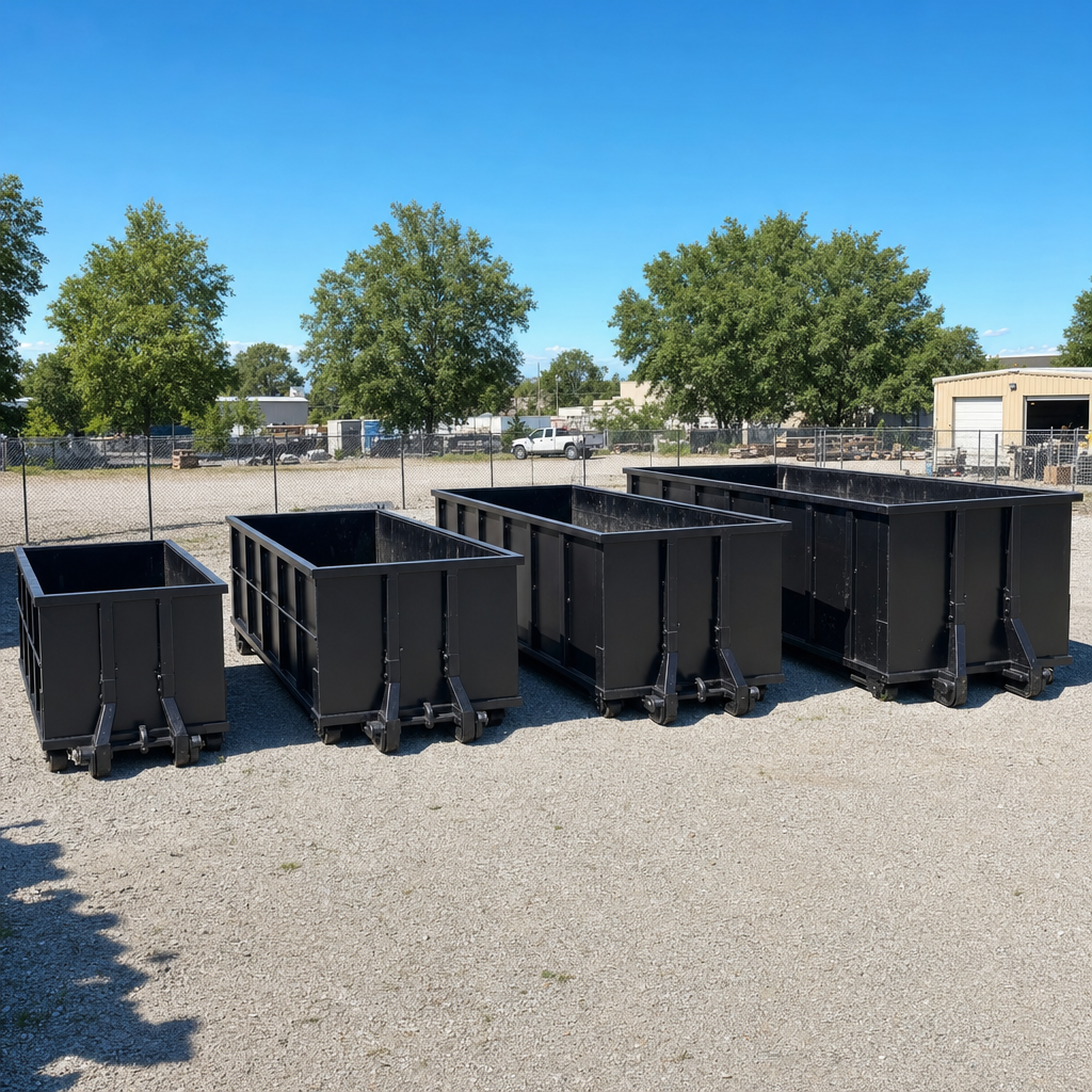A clean lineup of matte-black roll-off dumpsters in 10, 20, 30, and 40-yard sizes staged on a sunlit gravel yard in Centennial, showing the size progression from compact to commercial-scale containers.