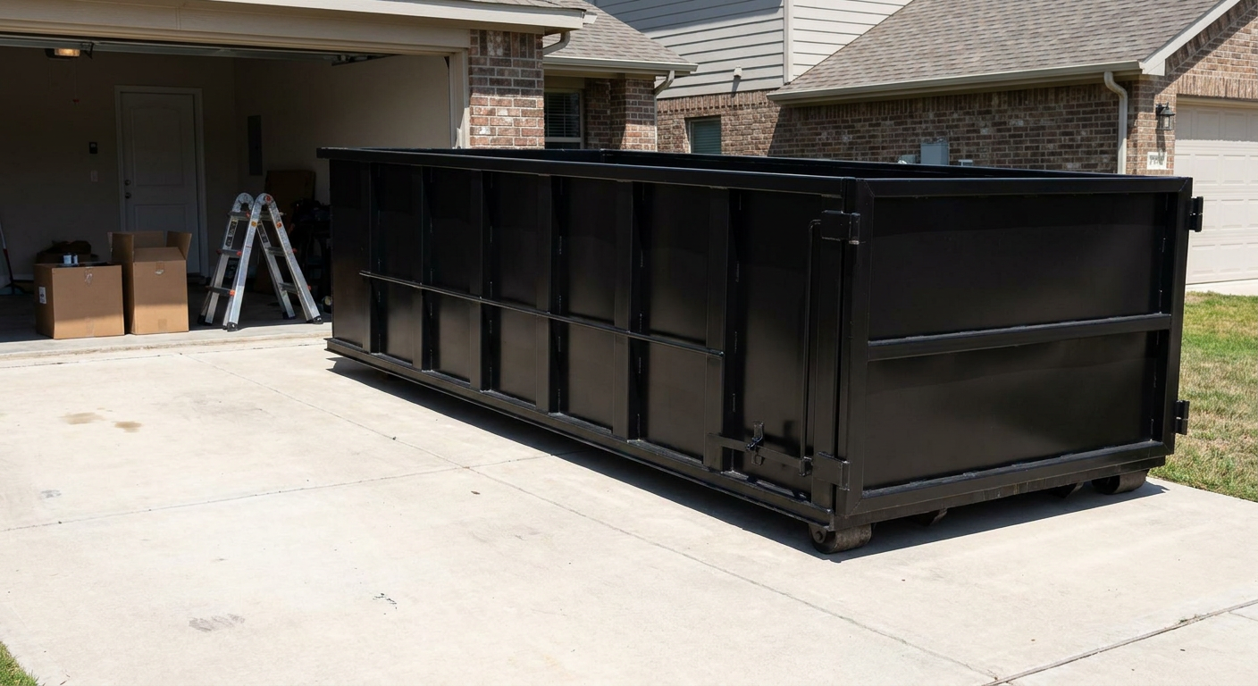 A matte-black 10-yard roll-off dumpster sitting directly on a residential Centennial concrete driveway, mid-day sunlight, clean and ready for a garage cleanout.