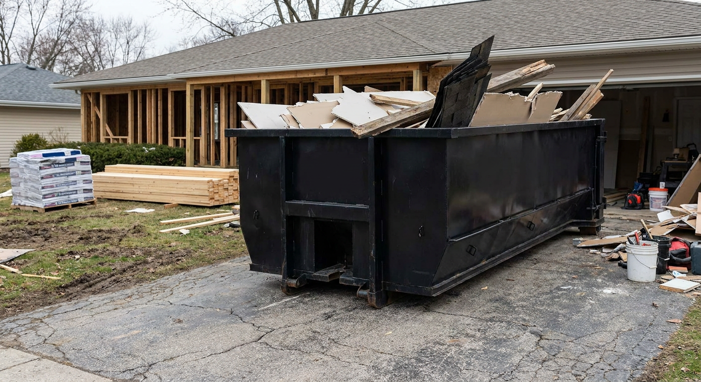 A matte-black 20-yard roll-off dumpster placed alongside a mid-renovation Centennial home directly on the asphalt driveway, with framing materials and torn-off shingles staged neatly nearby.