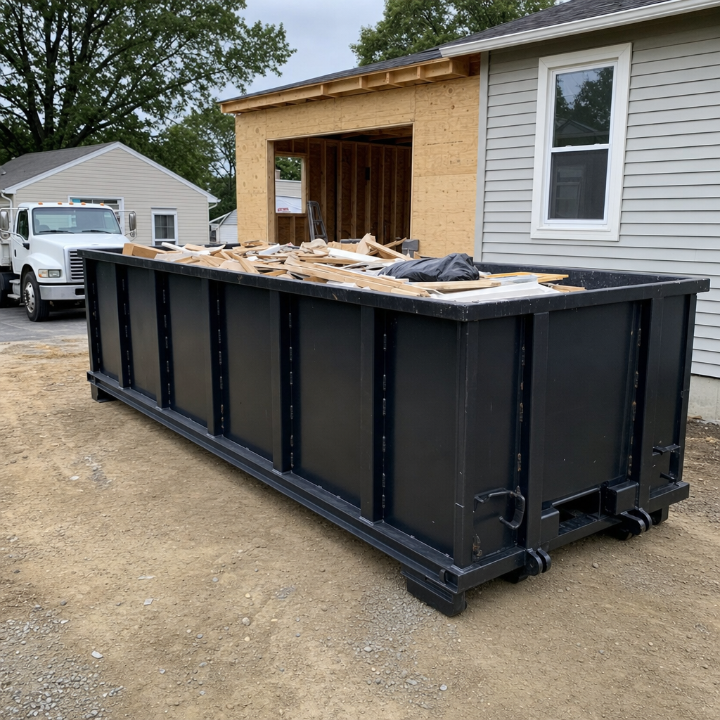 A matte-black 30-yard roll-off dumpster positioned at a Centennial residential addition jobsite, with framing lumber and drywall scraps loaded through the open swinging rear doors.