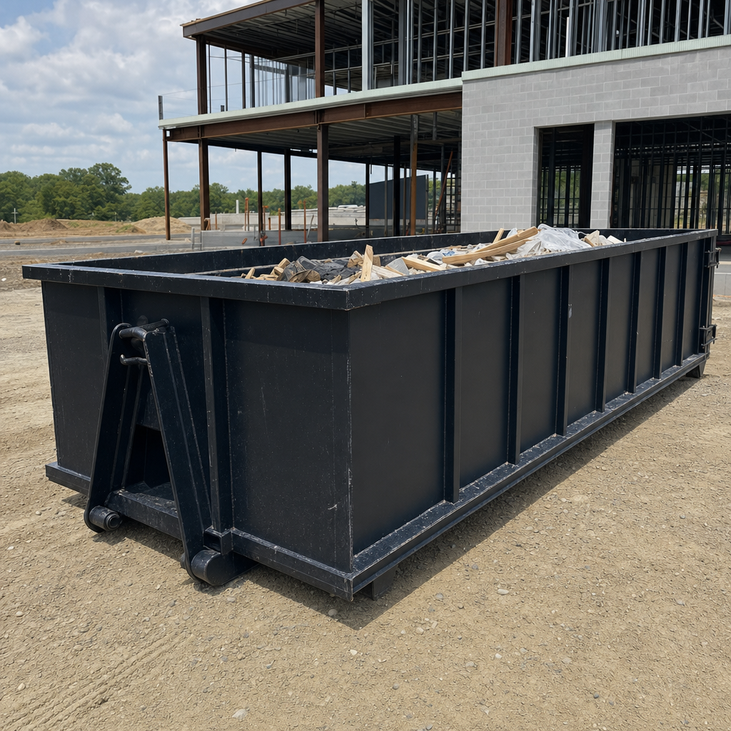 A matte-black 40-yard roll-off dumpster staged on a large Centennial commercial construction lot, with a hooklift delivery truck parked alongside under bright midday sky.