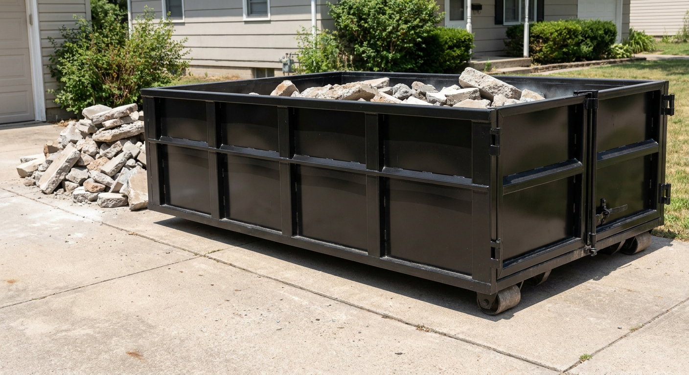 A matte-black low-side heavy-debris roll-off dumpster placed directly on a Centennial concrete driveway, with broken concrete chunks neatly stacked beside it under clean daylight.